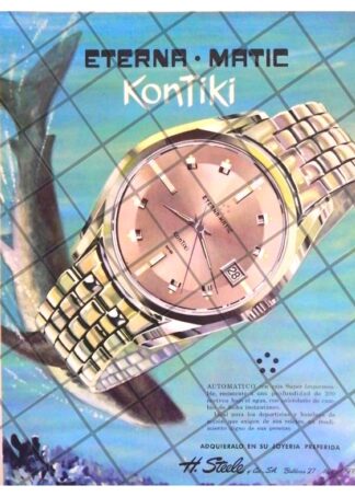 CARTEL PUBLICITARIO RETRO RELOJES ETERNAMATIC KONTIKI 65