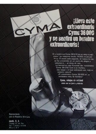 CARTEL PUBLICITARIO RETRO RELOJES CYMA 36000. 1969