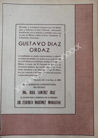 CARTEL ANTIGUO. B. CALIFORNIA FELICITA A DIAZ ORDAZ 1968