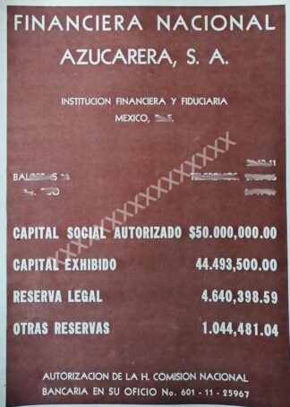 CARTEL ANTIGUO BANCO FINANCIERA NAC. AZUCARERA 1959