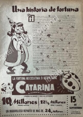 CARTEL ANTIGUO ORIGINAL DE LA LOTERIA NACIONAL EL TALISMAN CATARINA 1955 / RARO