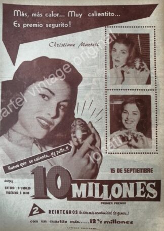 CARTEL ANTIGUO ORIGINAL DE CHRISTIAN MARTELL EN LA LOTERIA NACIONAL. 1956 / FEP