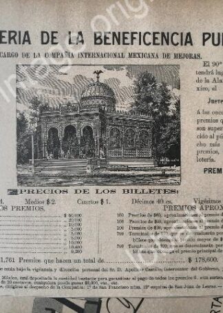 CARTEL ANTIGUO ORIGINAL DE LOTERIA NACIONAL JULIO 1896 Y EL KIOSCO MORISCO /148