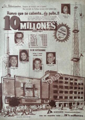 CARTEL ANTIGUO ORIGINAL DE LOTERIA NACIONAL CON TELEVISA Y ACTORES FAMOSOS 1950s /FEP