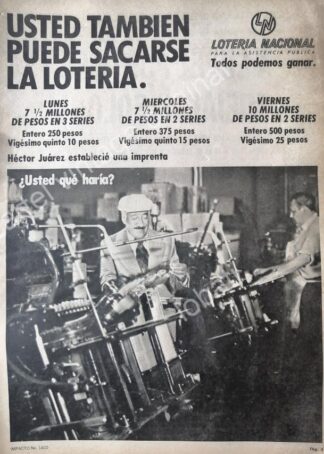 CARTEL ANTIGUO ORIGINAL DE AFICHE DE LA LOTERIA NACIONAL 1970s /42
