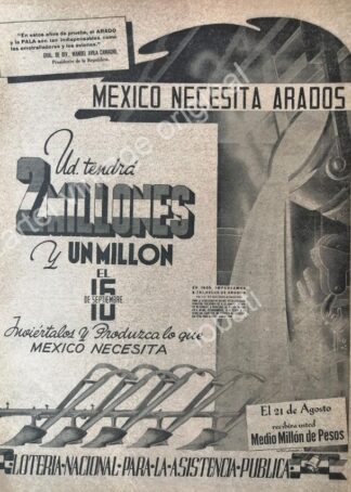 CARTEL ANTIGUO ORIGINAL DE PUBLICIDAD PATRIOTA LOTERIA NACIONAL 1942 MEXICO EN GUERRA /144