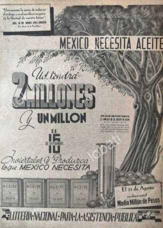 CARTEL ANTIGUO ORIGINAL DE PUBLICIDAD PATRIOTA LOTERIA NACIONAL 1942 MEXICO EN GUERRA /142