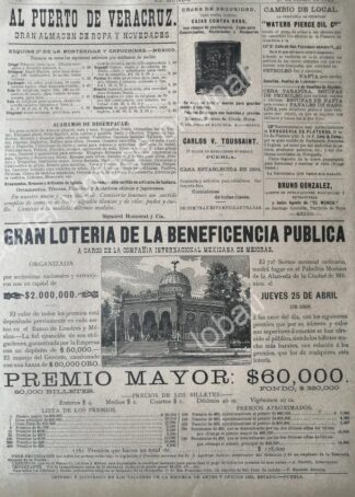 CARTEL ANTIGUO ORIGINAL DE LOTERIA NACIONAL / FERROCARRILES NAC Y OTROS 1895