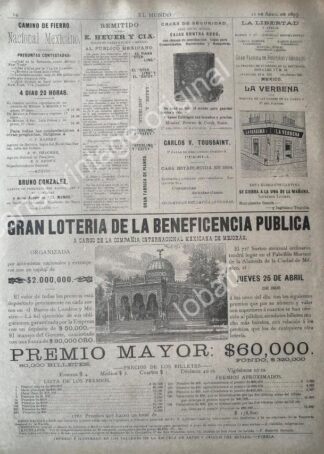 CARTEL ANTIGUO ORIGINAL DE LOTERIA NACIONAL 1895 WAGNER Y LEVIEN Y OTROS