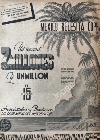 CARTEL ANTIGUO ORIGINAL DE PUBLICIDAD PATRIOTA LOTERIA NACIONAL 1942 MEXICO EN GUERRA /141