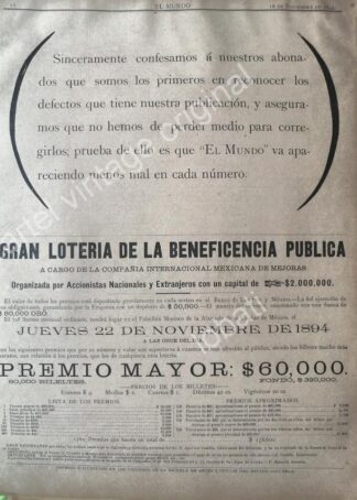 CARTEL ANTIGUO ORIGINAL DE LOTERIA NACIONAL 1894 Y SEGUROS LA MEXICANA