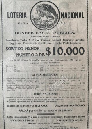 CARTEL ANTIGUO ORIGINAL DE RARO AFICHE LOTERIA NACIONAL AGUILA MAXIMATO 1920 /139