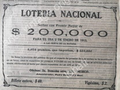 CARTEL ANTIGUO ORIGINAL DE MINI CARTEL LOTERIA NACIONAL SEPTIEMBRE 1912 /155