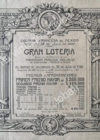 CARTEL ANTIGUO ORIGINAL DE LOTERIA DE LA COLONIA FRANCESA EN MEXICO 1921 / SUPER RARO