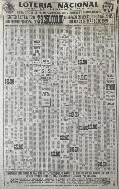 CARTEL ANTIGUO ORIGINAL DE LISTA DE PREMIOS LOTERIA NACIONAL 24 MARZO 1969 /130