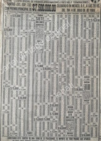CARTEL ANTIGUO ORIGINAL DE CARTELERA DE PREMIOS LOTERIA NACIONAL 4 JULIO 1969 /126