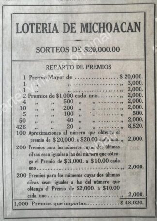 CARTEL ANTIGUO ORIGINAL DE LOTERIA DE MICHOACAN 1914 / RARO /4