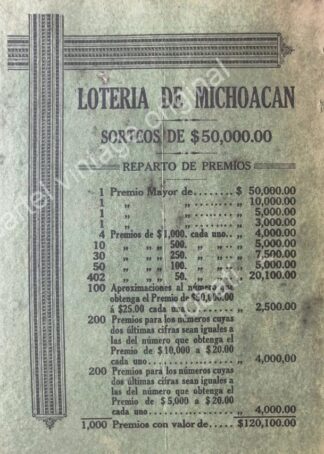CARTEL ANTIGUO ORIGINAL DE LOTERIA DE MICHOACAN 1913 / MUY RARO