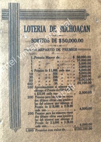CARTEL ANTIGUO ORIGINAL DE LA LOTERIA DE MICHOACAN 1913 / MUY RARO