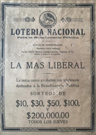 CARTEL ANTIGUO ORIGINAL DE LA LOTERIA NACIONAL 1921 Y GABRIEL MANCERA