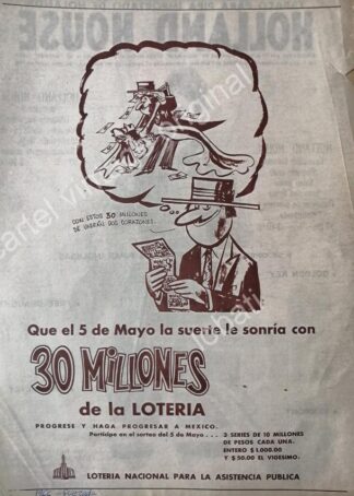 CARTEL ANTIGUO ORIGINAL DE LA LOTERIA NACIONAL 1966 DIBUJO DE ABEL QUEZADA / 84