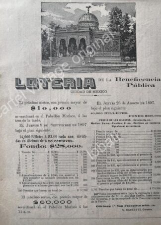 CARTEL ANTIGUO ORIGINAL DE LOTERIA NACIONAL AGOSTO 1897 Y EL KIOSCO MORISCO /149