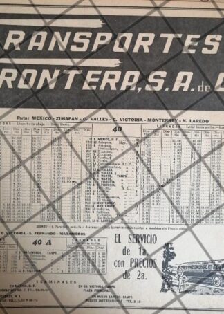 AFICHE ANTIGUO TRANSPORTES FRONTERA ITINERARIO 1950s