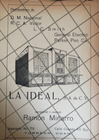 PUBLICIDAD ANTIGUA FERRETERA LA IDEAL SA. TORREON 1945