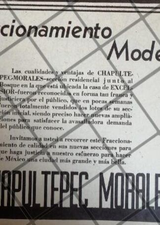 PUBLICIDAD ANTIGUA FRACC. CHAPULTEPEC MORALES 1940