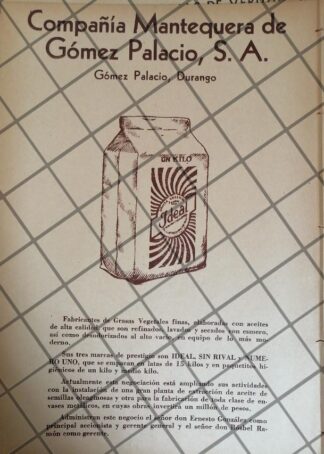 AFICHE RETRO CIA. MANTEQUERA GOMEZ PALACIO S.A 1937