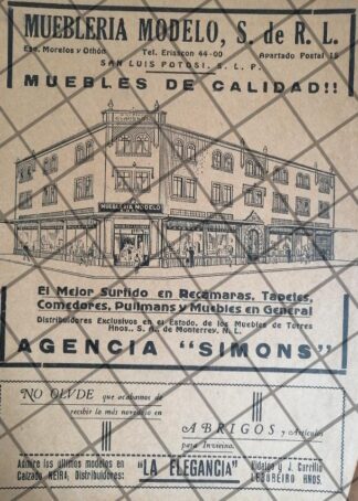 PUBLICIDAD ANTIGUA MUEBLERIA MODELO 1941 S. LUIS POTOSI