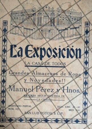 PUBLICIDAD ANTIGUA TIENDA LA EXPOSICION 1933 S. LUIS POTOSI
