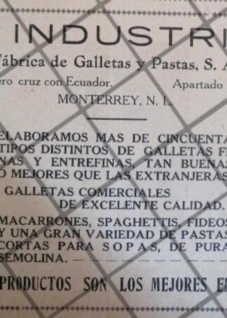 AFICHE ANTIGUO GALLETAS LA INDUSTRIAL / MONTERREY 1929