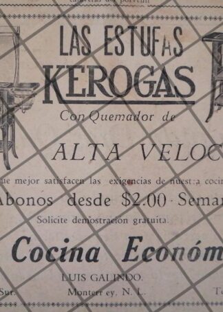 PUBLICIDAD ANTIGUA ESTUFAS KEROGAS 1929 MONTERREY