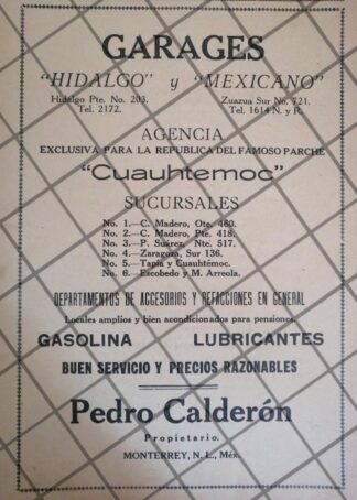 AFICHE RETRO GARAGES PEDRO CALDERON 1929 MONTERREY