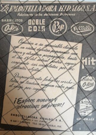 2 AFICHES RETRO. EMBOTELLADORA HIDALGO 1956