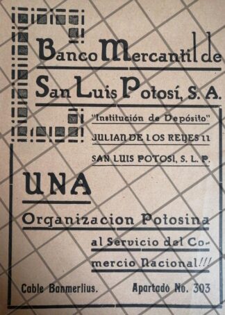PUBLICIDAD ANTIGUA BANCO MERCANTIL DE SAN LUIS POTOSI 1933