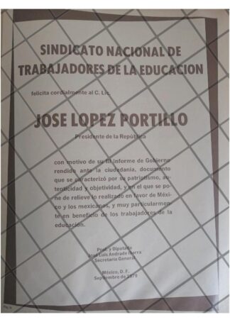 AFICHE POLITICO RETRO SINDICATO SNTE A LOPEZ PORTILLO