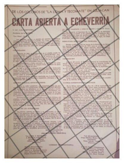 AFICHE RETRO. CARTA DE COLONIA TECOMATE A LUIS ECHEVERRIA 1973