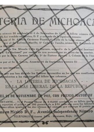 AFICHE PUBLICITARIO RETRO LOTERIA DE MICHOACAN 1912 RARO
