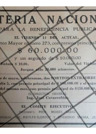 AFICHE RETRO LOTERIA NACIONAL 1930. MOISES SAENZ