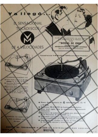 CARTEL PUBLICITARIO RETRO TOCADISCOS VOICE OF MUSIC 1956