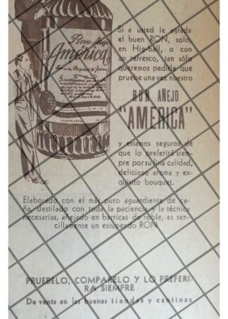 CARTEL PUBLICITARIO ANTIGUO RON AÑEJO AMERICA 1947