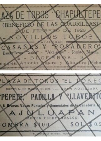 2 AFICHES RETRO PLAZAS DE TOROS CHAPULTEPEC Y EL TOREO 1923