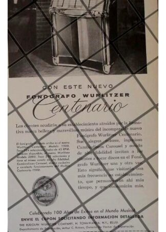 CARTEL PUBLICITARIO RETRO ROCKOLA WURLITZER CENTENARIO 1956