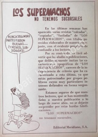 CARTEL ANTIGUO ORIGINAL DE EDITORIAL MERIDIANO (LOS SUPERMACHOS) ADVIERTEN SOBRE LA PIRATERIA 1973 RIUS