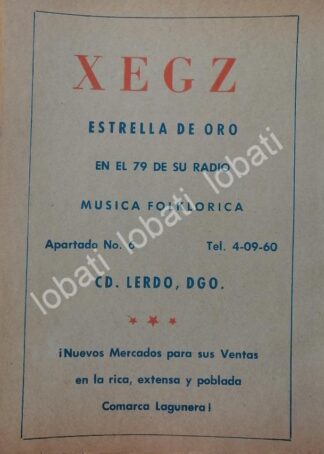 CARTEL ANTIGUO ORIGINAL DE RADIO DIFUSORA XEGZ ESTRELLA DE ORO. CD. LERDO DGO. 1965 /100