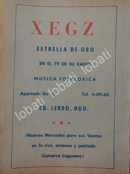 CARTEL ANTIGUO ORIGINAL DE RADIO DIFUSORA XEGZ ESTRELLA DE ORO. CD. LERDO DGO. 1965 /100