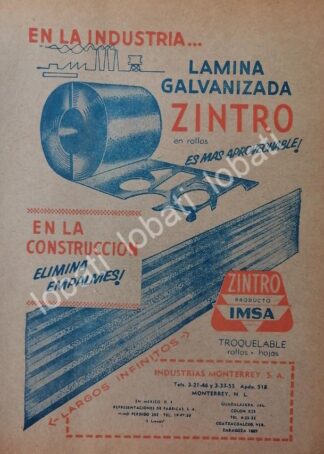 CARTEL ANTIGUO ORIGINAL DE IMSA INDUSTRIAS MONTERREY. LAMINA ZINTRO 1960 /715
