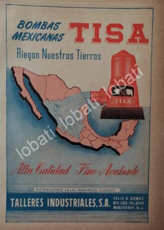 CARTEL ANTIGUO ORIGINAL DE BOMBAS HIDRAULICAS TISA.TALLERES INDUSTRIALES S.A /724 MONTERREY